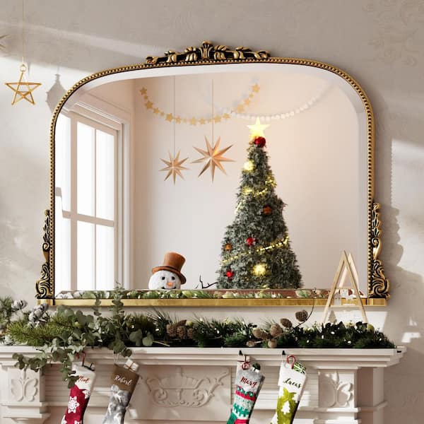 Antique Gold 44 in. W x 32 in. H Arched Polyurethane Framed with Decoration Antique Vanity Wall Mirror