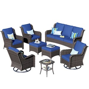 Oreille Brown 8-Piece Wicker Outdoor Patio Conversation Sofa Set with Swivel Rocking Chairs and Navy Blue Cushions