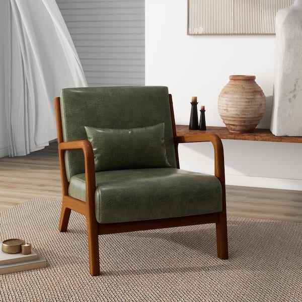 Mid-Century Hunter Green Faux Leather Upholstered Accent Arm Chair with Light Walnut Color Rubber Wood Frame (Set of 1)