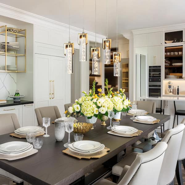 Modern 5-Light Imitation Brass Kitchen Island Pendant Light Integrated LED Light with Acrylic Cylinder Bubble Shade