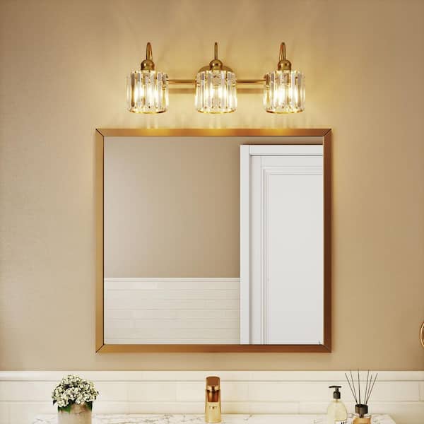 Merrin 23.1 in. 3-Light Brushed Gold Bathroom Vanity Light with Crystal Shades