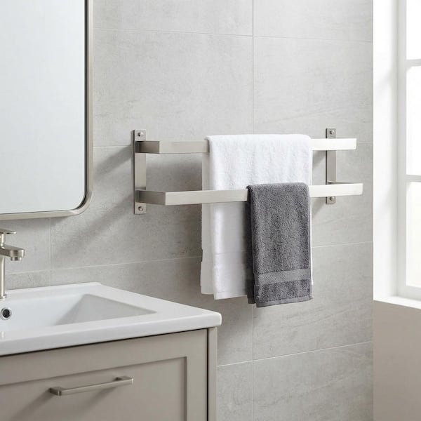 24 in. Square Double Staggered Wall Mounted Towel Rack, Stainless Steel Towel Bars in Brushed Nickel