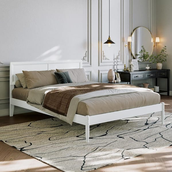 Ellarie White Wood Frame Queen Platform Bed with Adjustable Headboard