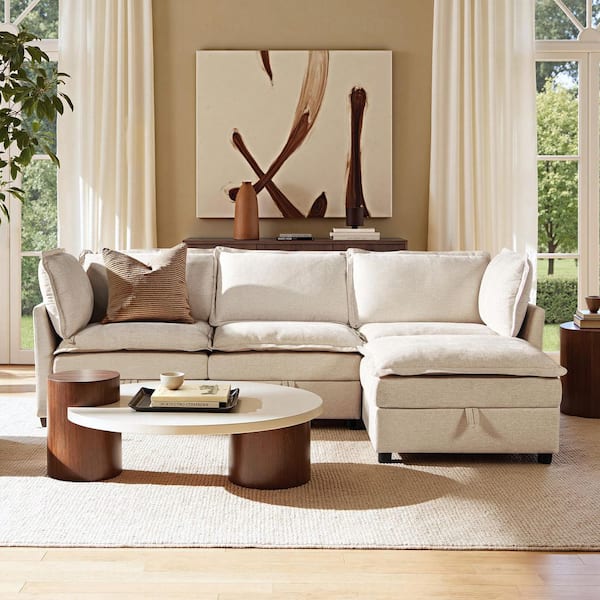 Sadie 95 in. Reversible Chaise Pillow Top Arm Chenille L-Shaped Modular Sectional Sofa-in-a-Box with Storage Light Beige