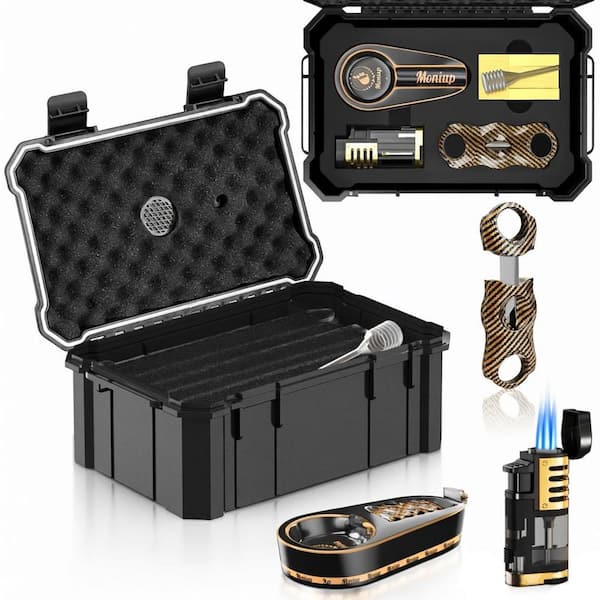 ABS Travel Cigar Humidor Set with Torch Cigar Lighter V Cigar Cutter Cigar Ashtray Cigar Holder Humidifier & Hygrometer