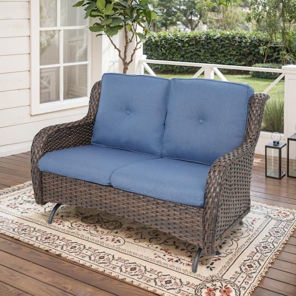 ArcoBay 51.6 in Width 2-Person Metal and Brown Wicker Patio Outdoor Glider Loveseat with Olefin Navy Blue Cushion