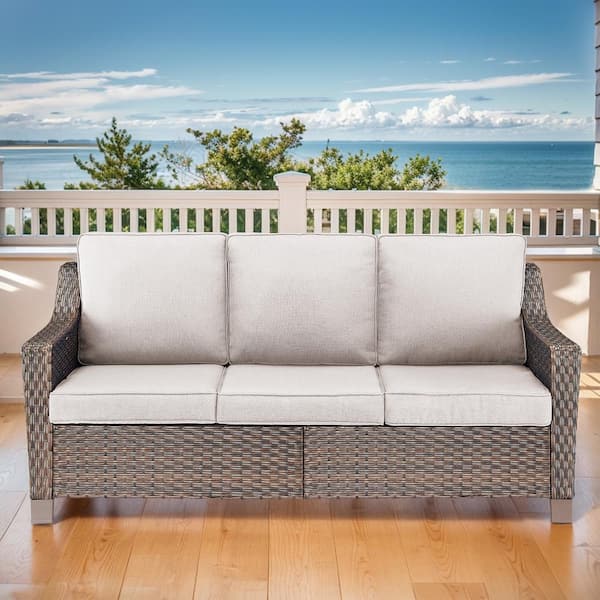 Frazee Brown Wicker 3-Seat Sofa 1-Piece Outdoor Couch with Cushion Guard Beige Cushions