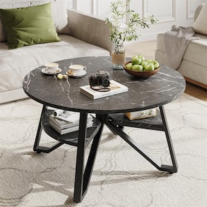 36.02 in. Black Marble Sleek and Minimalist Round Wood Coffee Table with Geometric Frame and Storage