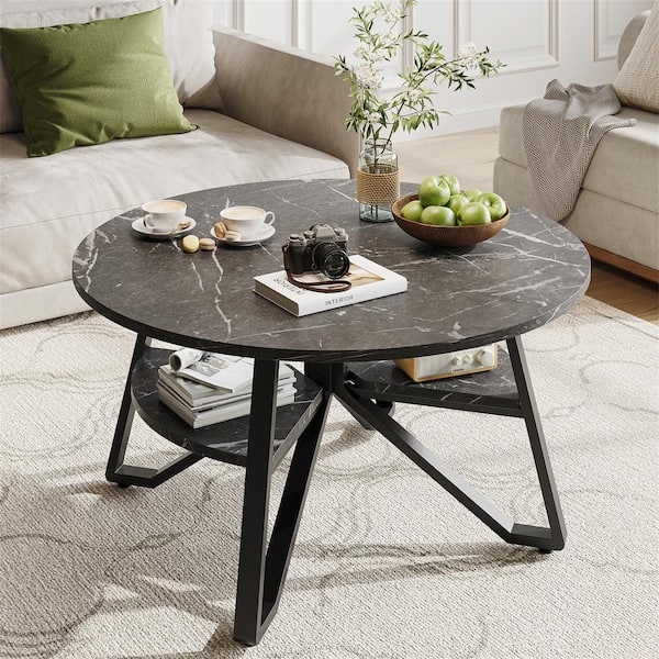 Bestier 36.02 in. Black Marble Sleek and Minimalist Round Wood Coffee Table with Geometric Frame and Storage