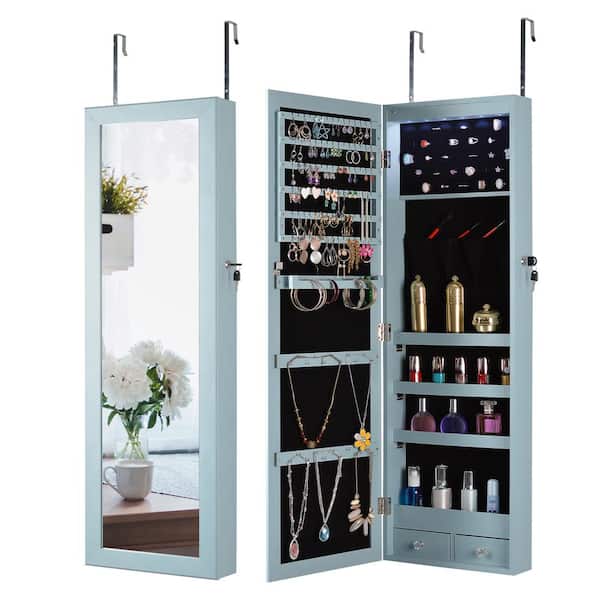 Unbranded Blue Fashion Simple Jewelry Storage Mirror Cabinet With LED Lights Can Be Hung On The Door Or Wall