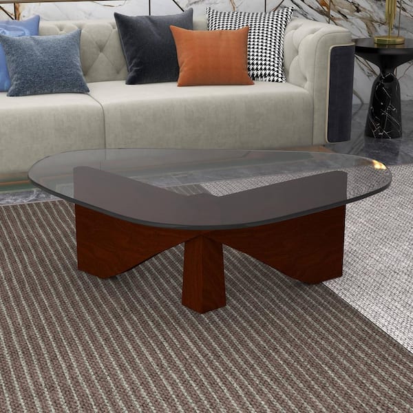 Leisuremod Imperial 51.2 in. Dark Walnut Triangle Glass Coffee Table