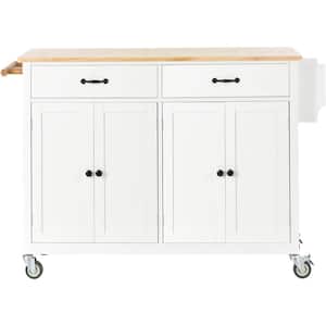 White Solid Wood Kitchen Cart with Cabinets