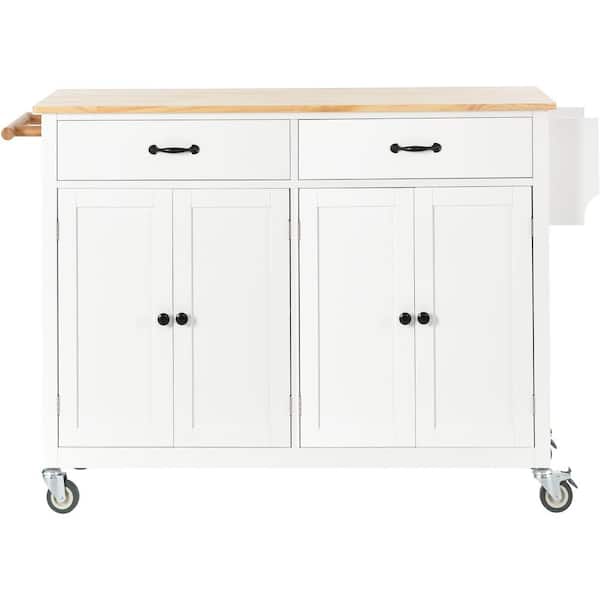 JimsMaison White Solid Wood Kitchen Cart with Cabinets