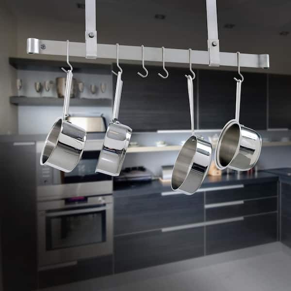 Handcrafted Stainless Steel 48 in. Adjustable Ceiling Bar Hanging Pot Rack with 12-Hooks