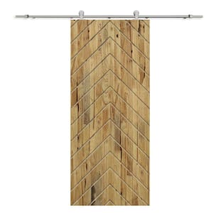 Herringbone 36 in. x 80 in. Fully Assembled Weather Oak Stained Wood Modern Sliding Barn Door with Hardware Kit
