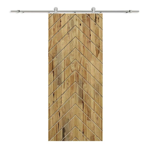 CALHOME Herringbone 36 in. x 96 in. Fully Assembled Weather Oak Stained Wood Modern Sliding Barn Door with Hardware Kit