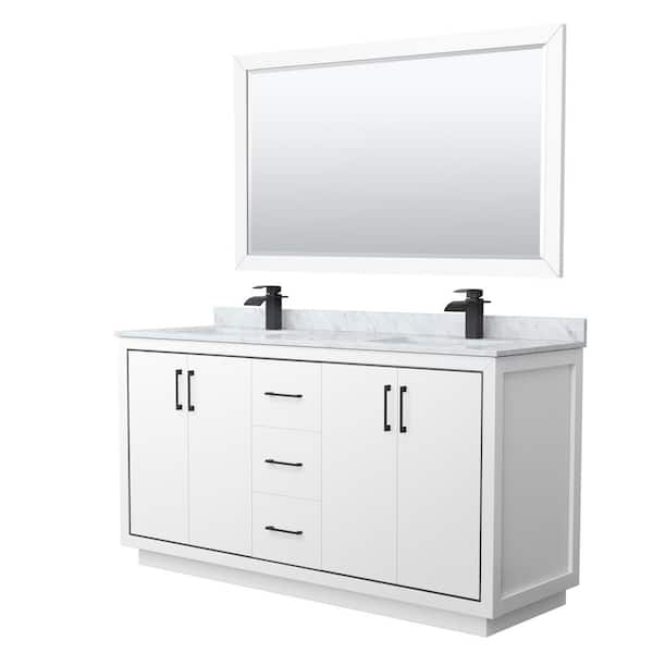 Wyndham Collection Icon 66 in. W x 22 in. D x 35 in. H Double Bath Vanity in White with White Carrara Marble Top and 58" Mirror