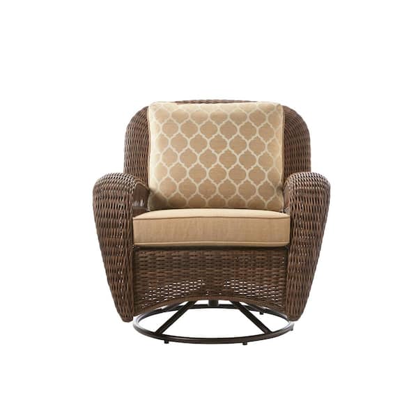 Hampton Bay Beacon Park Brown Wicker Outdoor Patio Swivel Lounge Chair with Toffee Trellis Tan Cushions