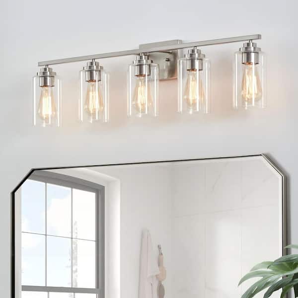 35 in. 5-Light Brushed Nickel Vanity Light with Clear Glass Shade
