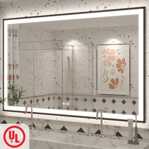 60in. W x 38in. H Rectangular Framed UL Certified Front and Back LED Anti-Fog Tempered Glass Wall Bathroom Vanity Mirror