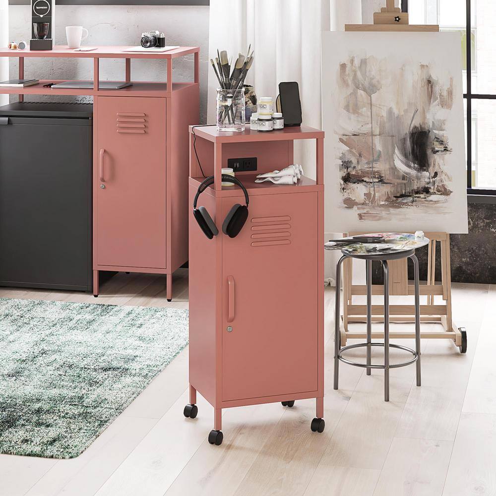 Dusty Rose Metal Locker-Style Rolling Storage Cart