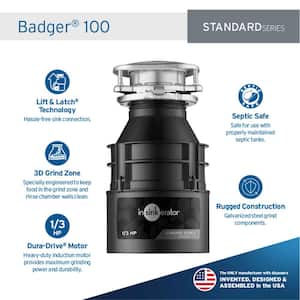 Badger 100 Standard Series 1/3 HP Continuous Feed Garbage Disposal with Power Cord & Putty-Free Sink Seal