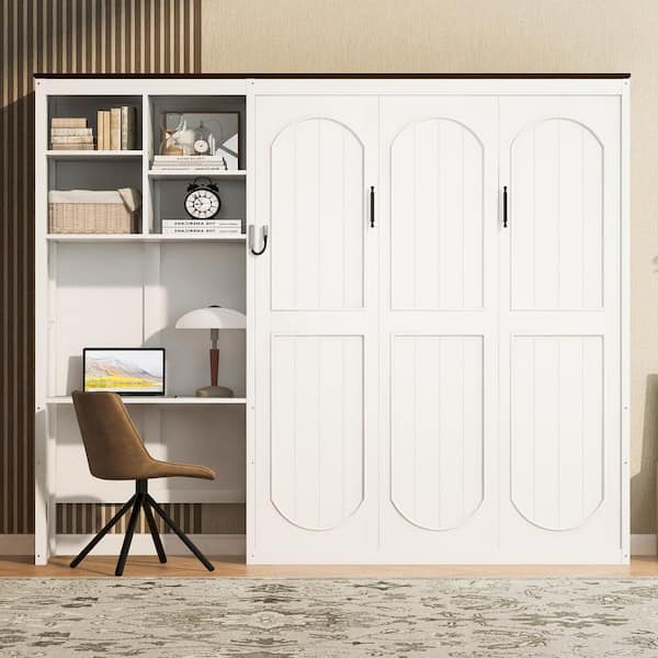 Traditional White Wood Frame Queen Murphy Bed with Integrated Desk and Storage Cabinet