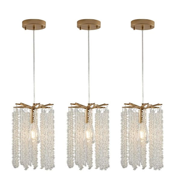(3-Pack) 1-Light Gold Crystal Chandelier Pendant Light with Waterfall Bead Design, Adjustable Height (No Bulbs)