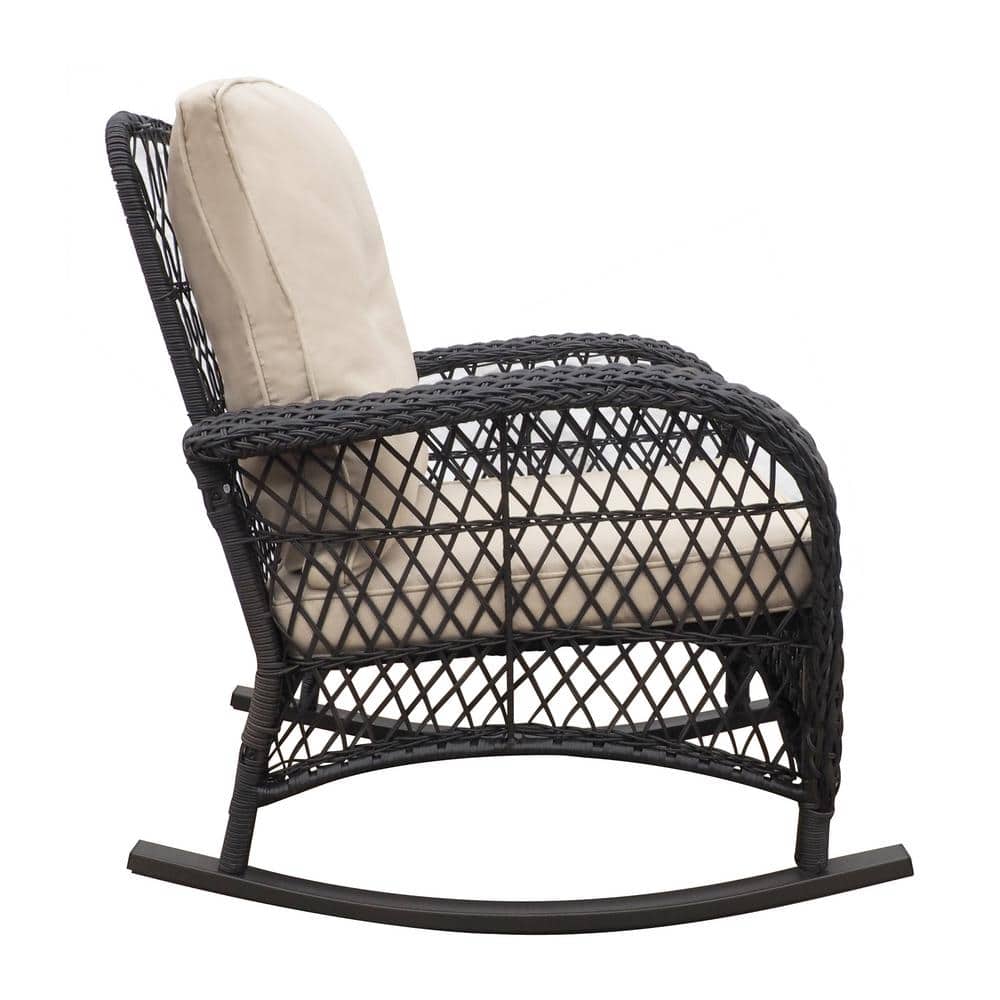 Beige Cushioned Wicker Rocking Armchair with Brown Frame