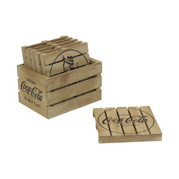 Crates & Pallet 4.125 in. x 3.125 in. x 3.5 in. Coca-Cola Coaster Set in Rustic Natural