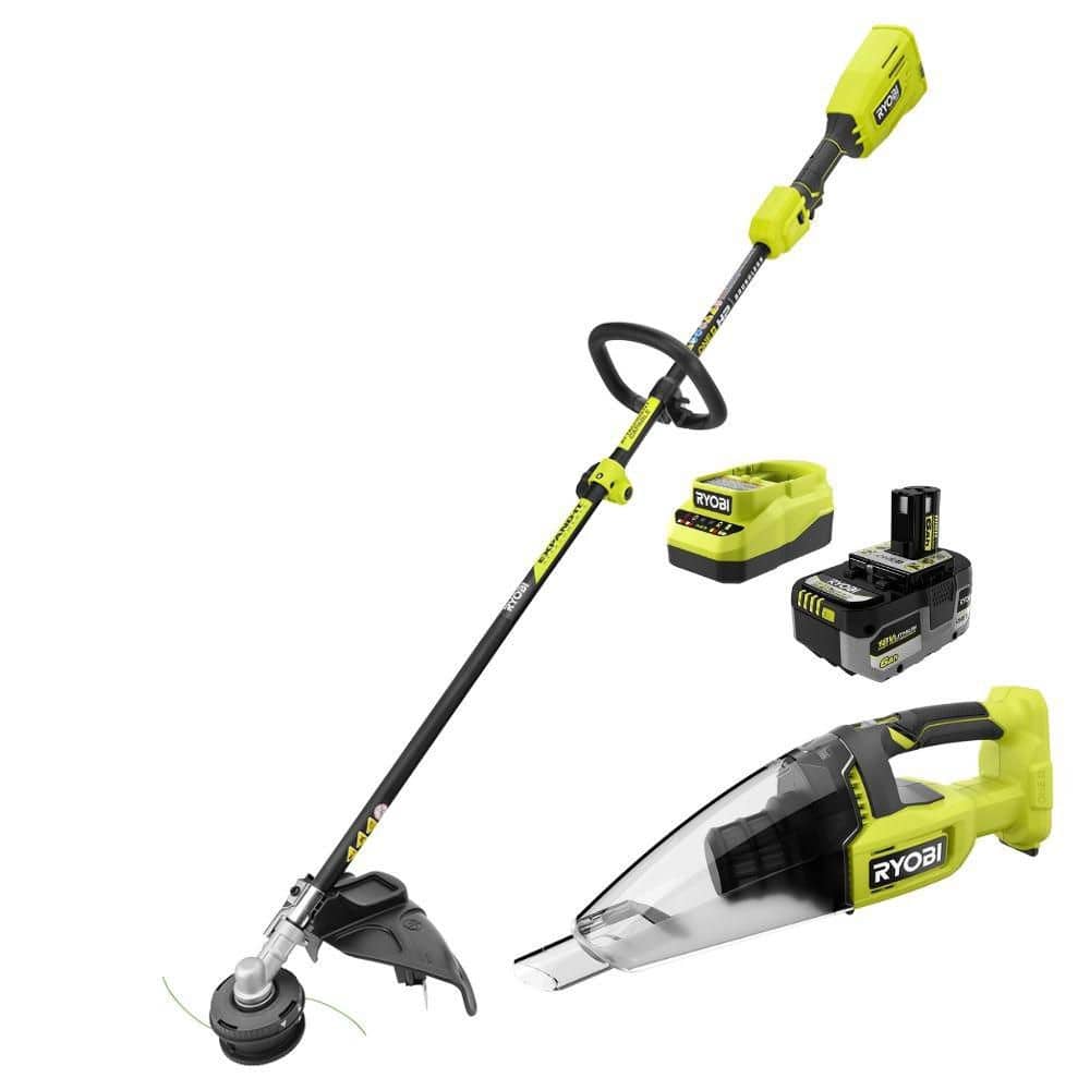 ONE+ HP 18V Brushless 15" Attachment Capable String Trimmer w/ 6.0 Ah Battery, Charger, & FREE ONE+ 18V Handheld Vacuum