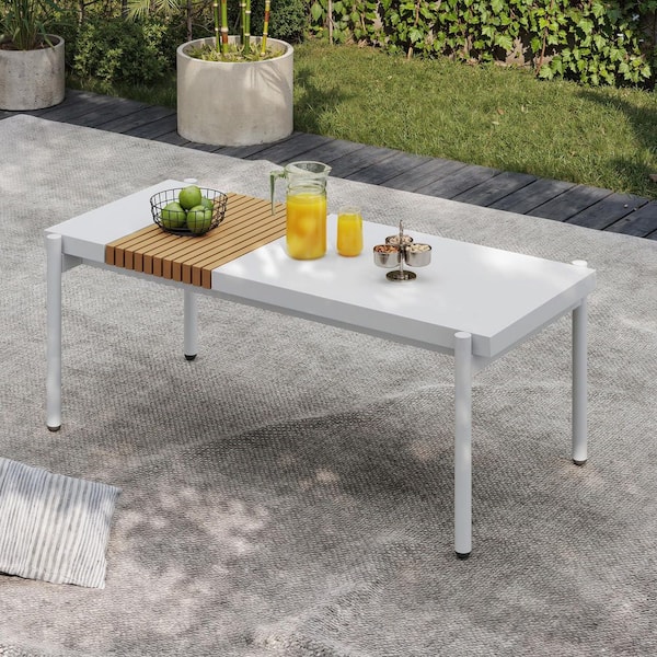White Rectangle Metal Outdoor Patio All-Weather Coffee Table