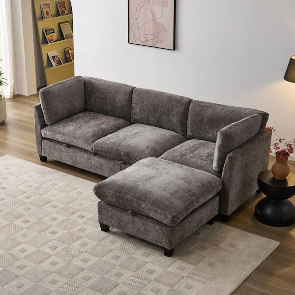 Prescott Modern 96.5 in. Chenille Fabric Upholstered L-Shaped 3-Seater Storage Sectional Sofa in Gray with Ottoman