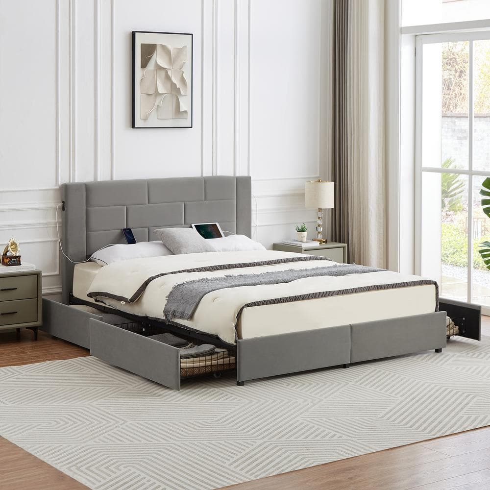 VECELO Upholstered Bed Deep Gray Metal Frame Queen Platform Bed With ...