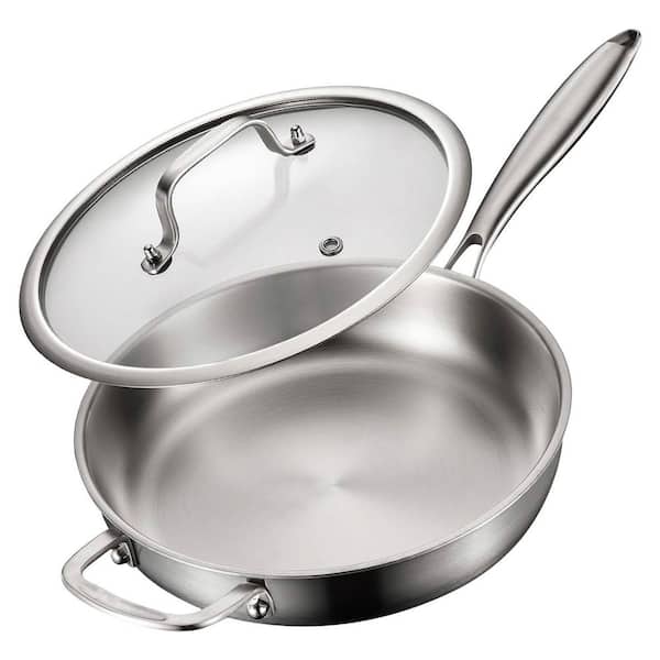 3-Piece Tri-Ply Stainless Steel Frying Pan Set with Lid, PFOA PTFE-Free Skillet Griddle, Induction Dishwasher Oven Safe