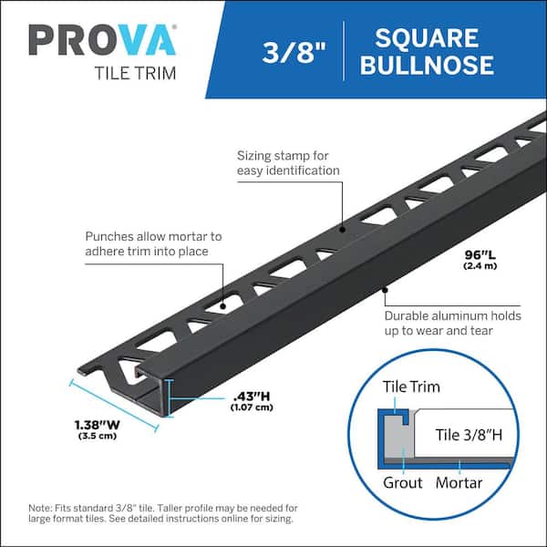 Matte Black Powder Coated 1.38 in. W x 96 in. L Aluminum 3/8 in. Bullnose-Square Trim