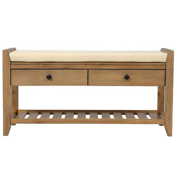 Siavonce 39 in. L x 14 in. W x 19.8 in. H Old Pine Shoe Rack Multipurpose Entryway Storage Bench with Cushioned Seat and Drawers