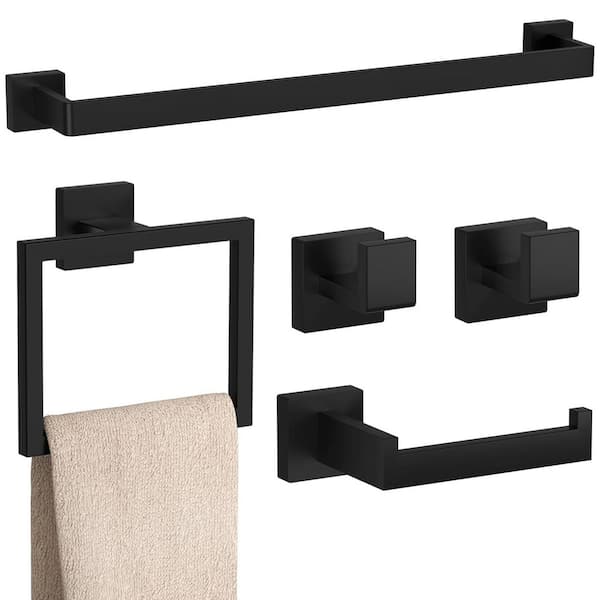 5-Piece Bathroom Hardware Set with Mounting Hardware in Matte Black, 23.6 in. Stainless Steel Bath Towel Bar Set