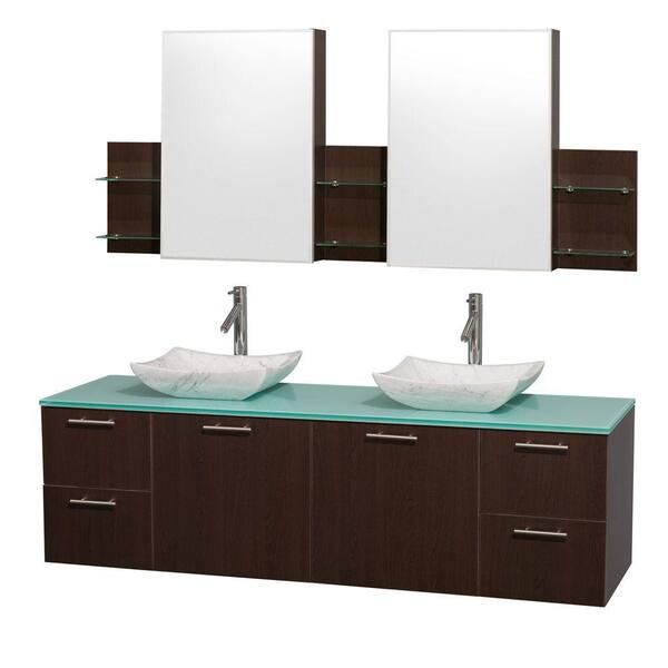 Wyndham Collection Amare 72 in. Double Vanity in Espresso with Glass Vanity Top in Aqua and Carrara Marble Sinks