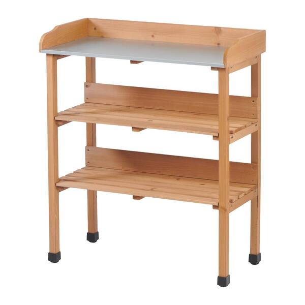 3-Tier Brown Wood Plant Stand Potting Table w/Metal Tabletop