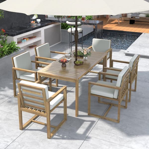 Light Teak 7-Piece Wood Outdoor Dining Set with White Cushion, and Table and Chair