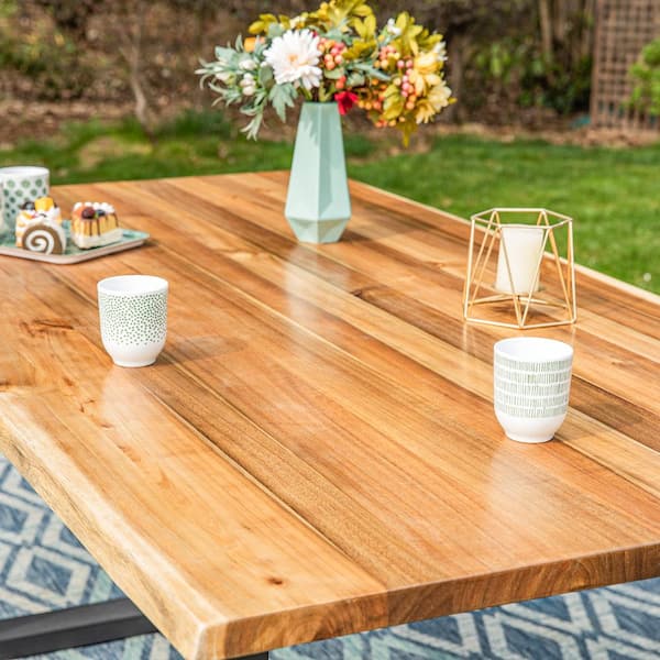 PHI VILLA Brown Acacia Wood Patio Dining Table with sleek U-shaped