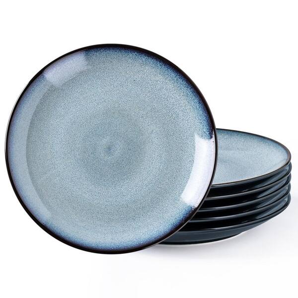Ceramic 12-Piece Gray Handmade Reactive Glaze Porcelain Dinner Plates Set Blue Coupe Shape Scratch Resistant Set of 6