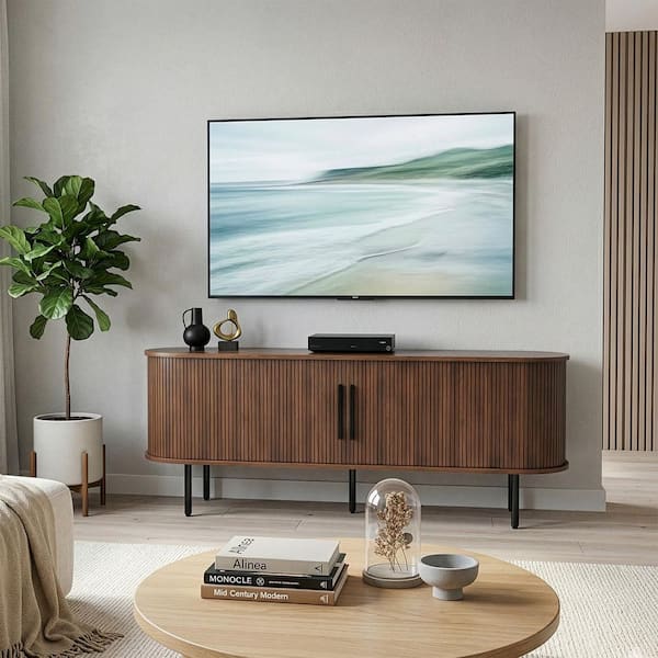 58 in. Walnut TV Stand Fits TVs up to 43 to 60 in. TV Stand with Sliding Tambour Door