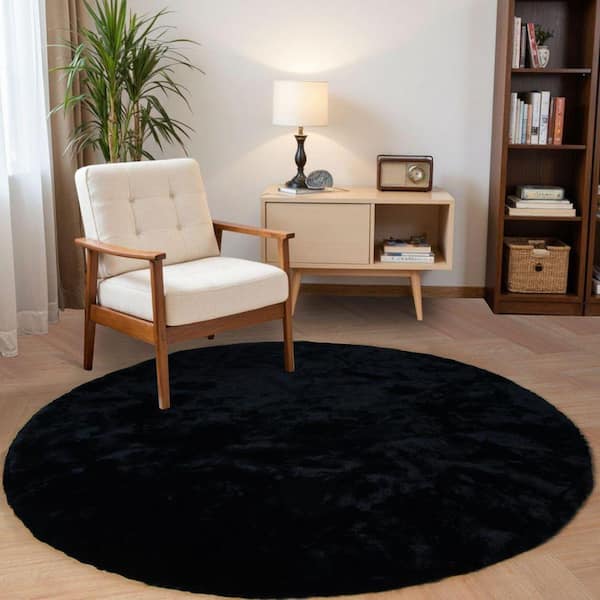Nourideaux Black 4 ft. x 4 ft. Circle Rug Fluffy Faux Fur Rug