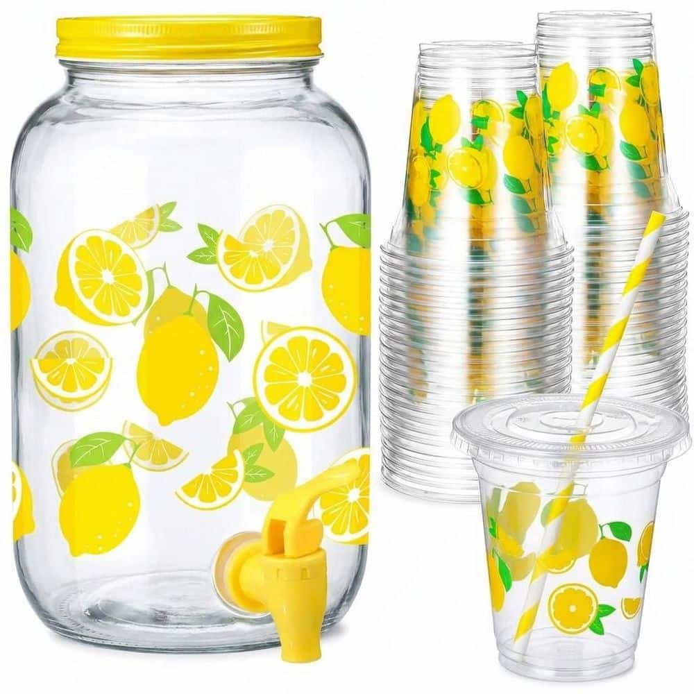 1 Gallon Glass Lemon Beverage Dispenser with 100 Disposable 16 oz Cups Lids and Straws for Parties Juice price history on PriceWatchPro