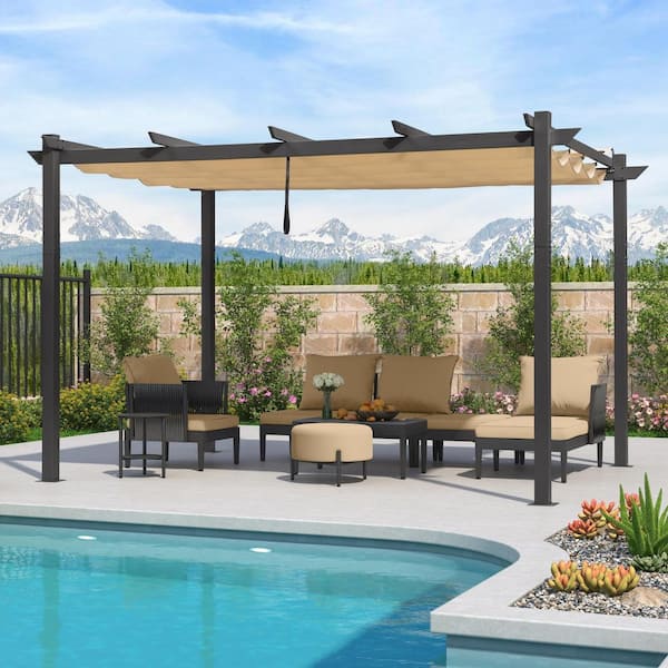PURPLE LEAF 10 ft. x 13 ft. Gray Aluminum Frame Outdoor Pergola Gazebo with Beige Retractable Sun Shade Canopy and Extra Top Roof