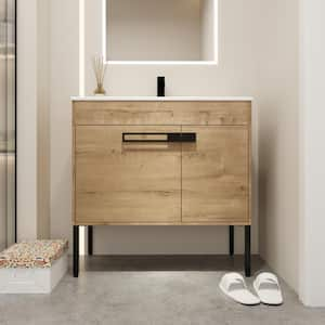 36 in. W x 18.3 in. D x 35 in. H Freestanding Bath Vanity in Imitative Oak with White Ceramic Top