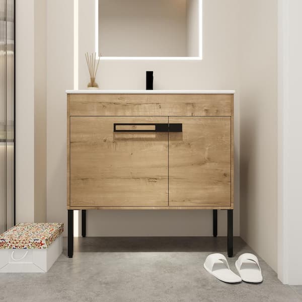 Staykiwi 36 in. W x 18.3 in. D x 35 in. H Freestanding Bath Vanity in Imitative Oak with White Ceramic Top