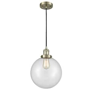 Beacon 100-Watt 1 Light Antique Brass Shaded Mini Pendant Light with Clear Glass Shade